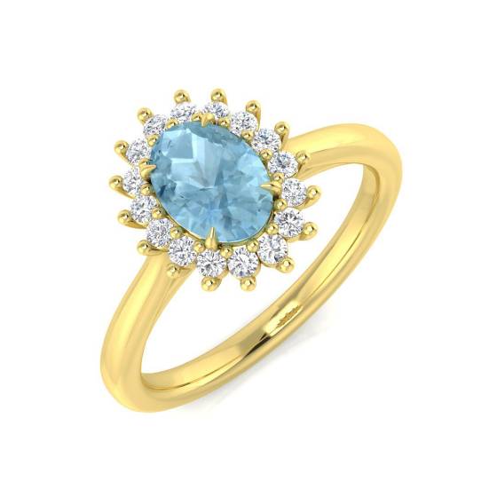 Ovaler Aquamarin- und runder Diamant-Halo-Ring