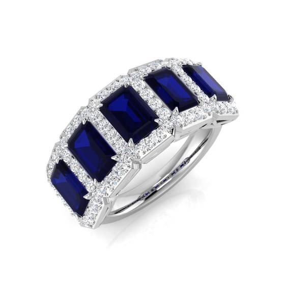 Ring mit blauem Saphir, Smaragd und rundem Diamant-Halo, 5 Steine