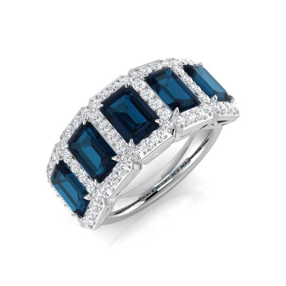 Ring mit blauem Topas, Smaragd und rundem Diamanten im Halo-Design, 5 Steine