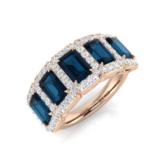 Ring mit blauem Topas, Smaragd und rundem Diamanten im Halo-Design, 5 Steine