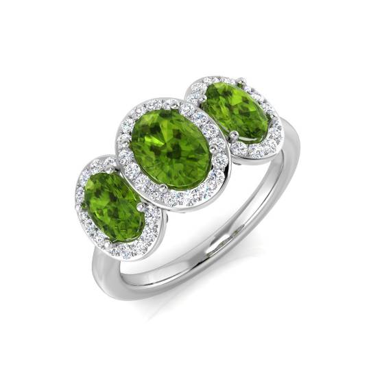 Trilogie-Ring mit ovalem Peridot und rundem Diamanten und Halo-Fassung