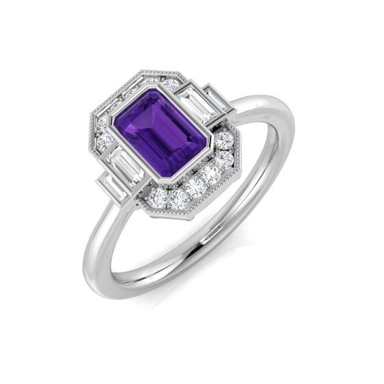 Halo-Ring mit smaragdgeschliffenem Amethyst und rundem Diamanten in Zargenfassung