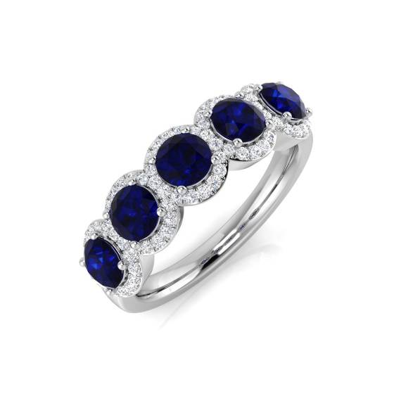 Runder Ring mit blauem Saphir und Diamant-Halo, 5 Steine