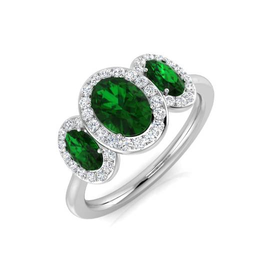 Trilogie-Ring mit ovalem grünem Edelstein und rundem Diamanten