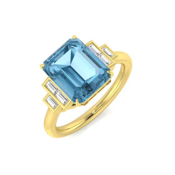 Ring mit blauem Topas, Smaragd und Baguette-Diamanten in Zargenfassung