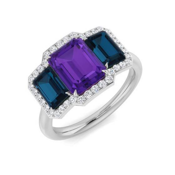 Trilogie-Ring mit blauem Topas, Amethyst und rundem Diamant-Halo