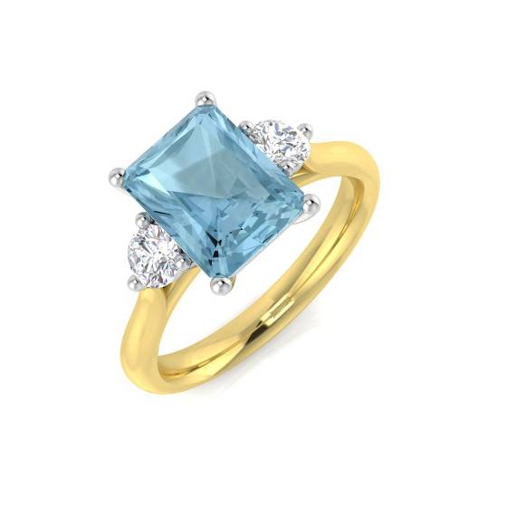 Trilogie-Ring aus Smaragd, Aquamarin und rundem Diamanten