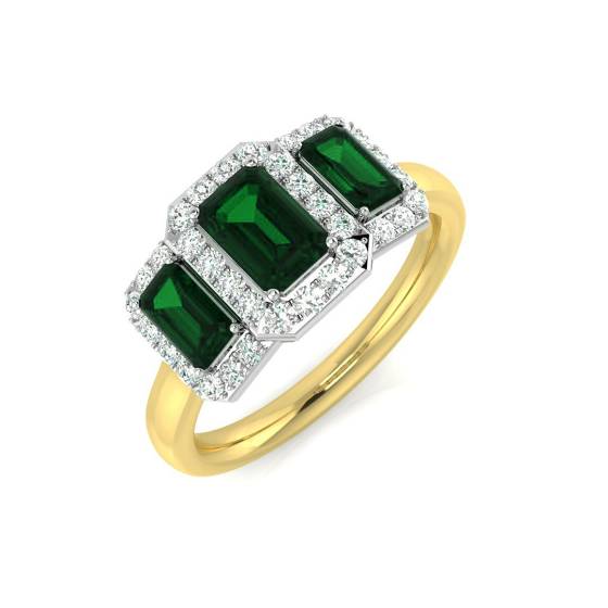 Trilogie-Ring aus smaragdgrünem Edelstein und rundem Diamanten
