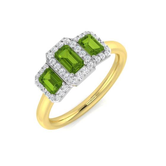 Trilogie-Ring mit smaragdförmigem Peridot und rundem Diamant-Halo
