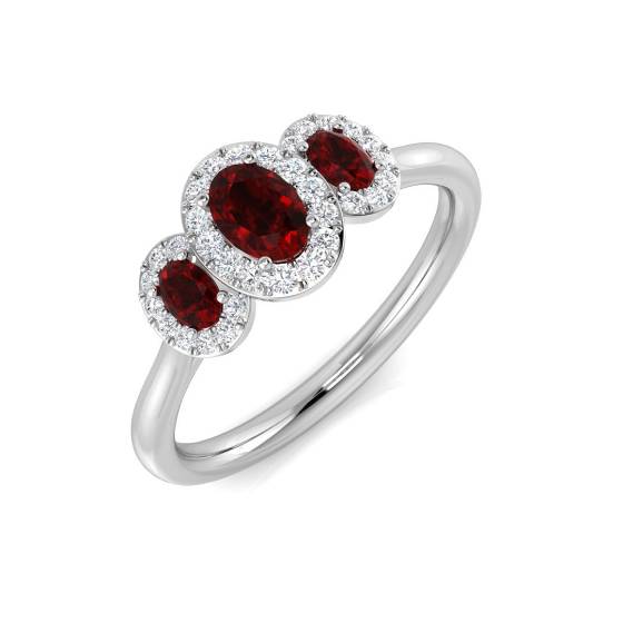 Trilogie-Ring mit rundem Diamanten und ovalem Rubin