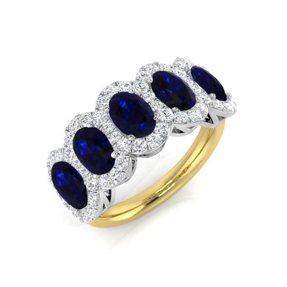 Ovaler blauer Saphir und runder Diamant-Halo-Ring mit 5 Steinen