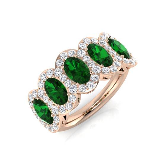 2,70 ct VS/E-F Smaragd- und Diamant-5-Stein-Halo-Edelsteinring