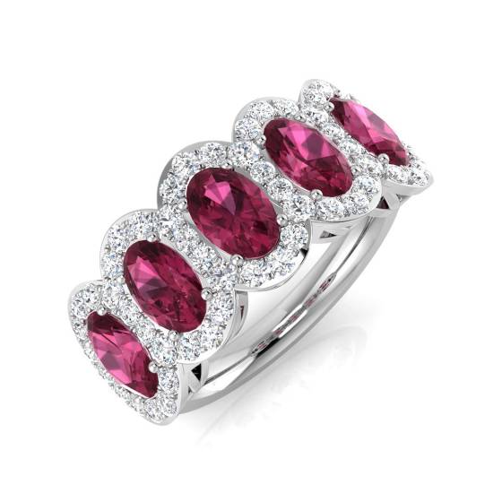 Ovaler rosa Turmalin und runder Diamant 5-Stein-Ring