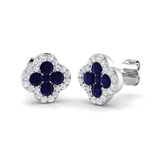 Ohrringe mit rundem, 0,75 ct, I1/G, blauem Saphir in 9-karätigem Weißgold