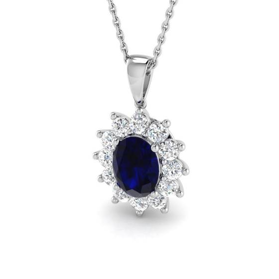 Anhänger mit ovalem, blauem Saphir (2,57 ct, Reinheit SI2/G) in 18-karätigem Weißgold