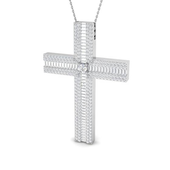 Kreuzanhänger mit einem runden, natürlichen Diamanten (3,15 ct, SI1/G) in 9-karätigem Weißgold