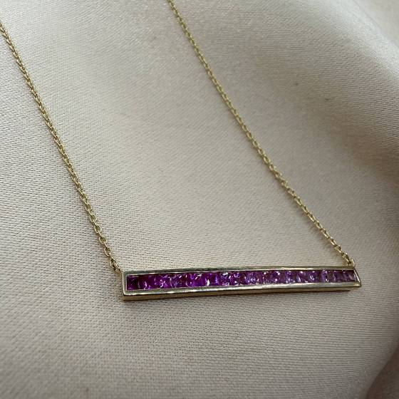 0.91ct Princess Pink Sapphire 18Inches Bar Pendant with Chain in 9k Yellow Gold