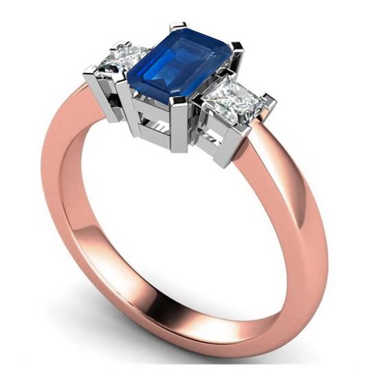 Smaragdblauer Saphir- und Diamant-Trilogie-Ring