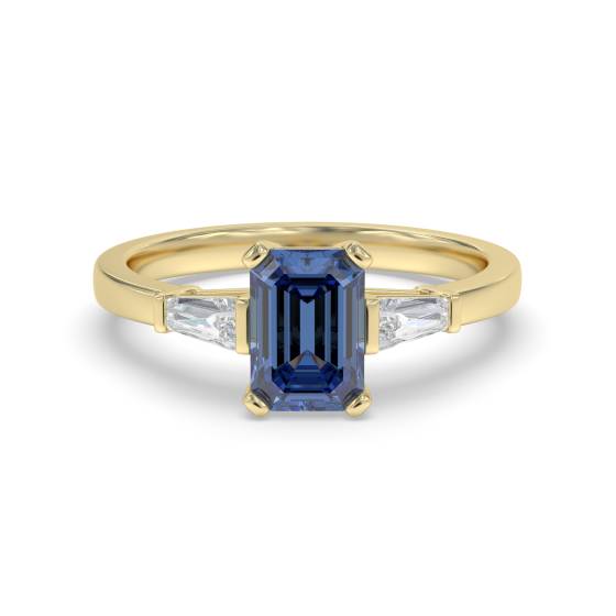 Trilogie-Ring aus smaragdgrünem Saphir und Baguette-Diamanten