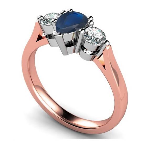 Birnenförmiger blauer Saphir und Diamant-Trilogie-Ring