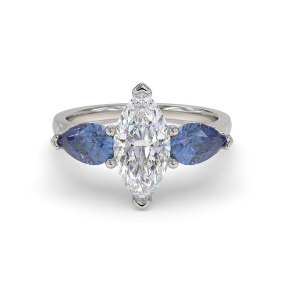 Trilogie-Ring mit Marquise-Diamant und blauem Saphir