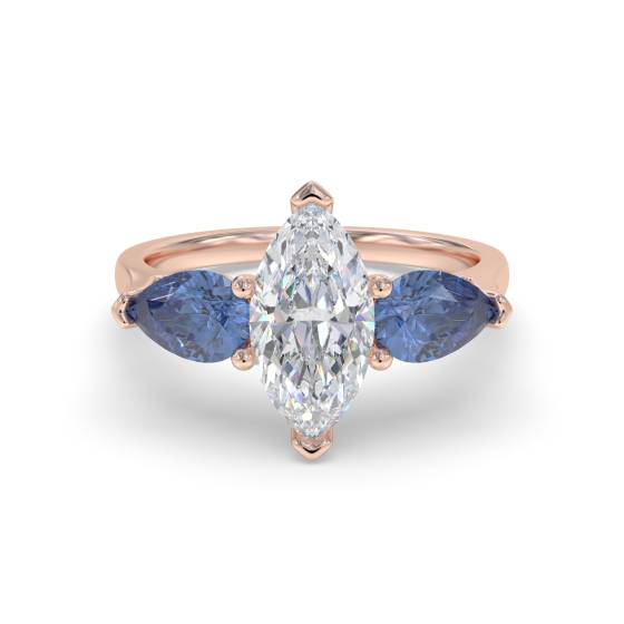 Trilogie-Ring mit Marquise-Diamant und blauem Saphir