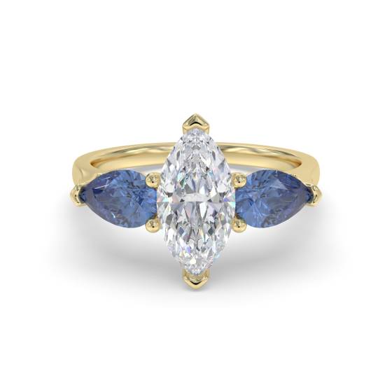 Trilogie-Ring mit Marquise-Diamant und blauem Saphir