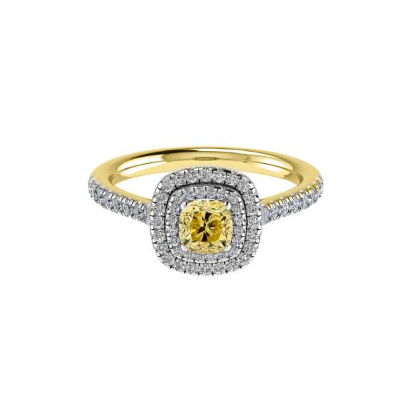 1,10 ct VS2/FIY Kissenförmiger, natürlicher, gelber Diamant mit Halo-Schulter-Set