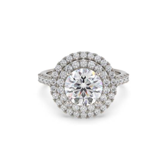 Runder Diamantring mit doppeltem Halo und Schulterfassung