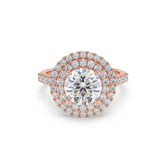 Runder Diamantring mit doppeltem Halo und Schulterfassung