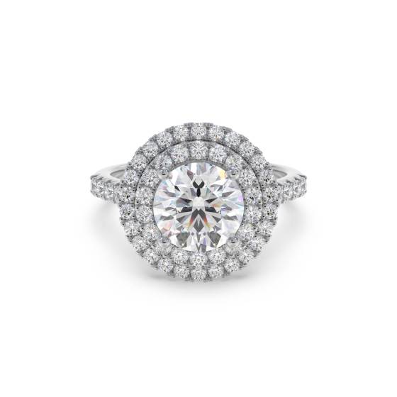 Runder Diamantring mit doppeltem Halo und Schulterfassung