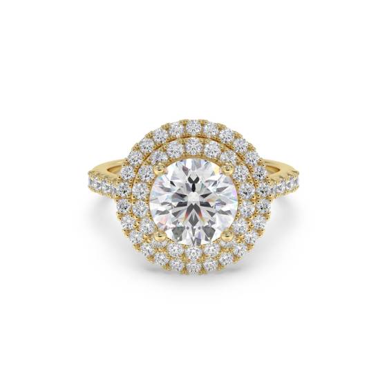 Runder Diamantring mit doppeltem Halo und Schulterfassung