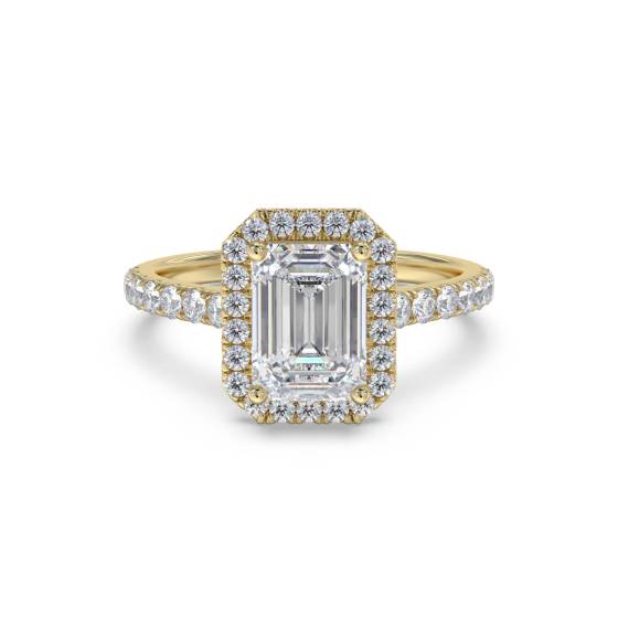 Smaragd-Diamant-Ring mit einzelner Halo-Schulterfassung