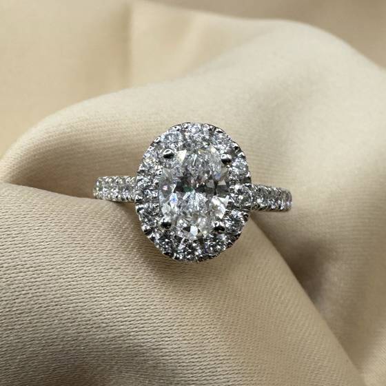 1.39ct VS2/E Lab Grown Oval Diamond Halo Shoulder Set Ring in Platinum