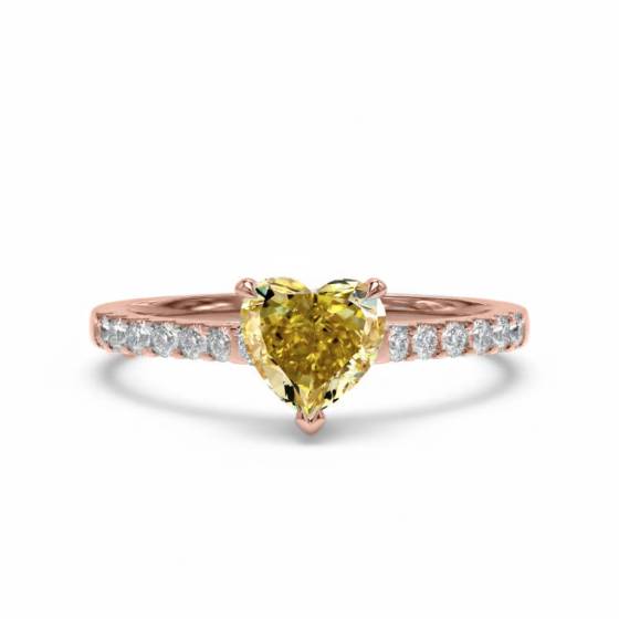 Ring mit gelbem Herzdiamanten und Halo-Schulterfassung