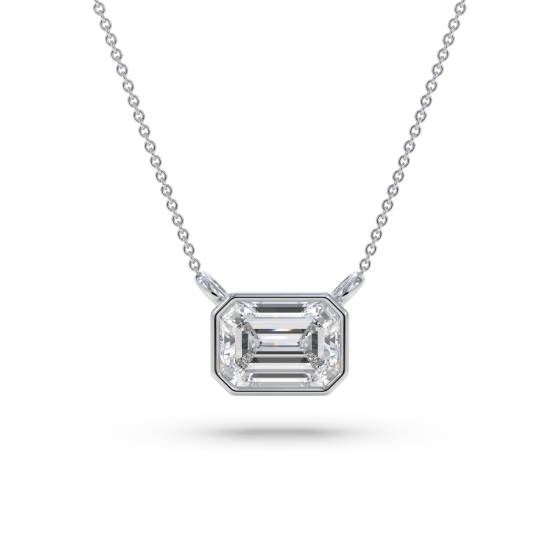 Smaragd-Diamant-Solitäranhänger in Ost-West-Ausrichtung, gefasst in einer Lünette