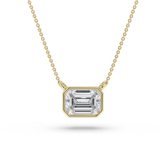 Smaragd-Diamant-Solitäranhänger in Ost-West-Ausrichtung, gefasst in einer Lünette