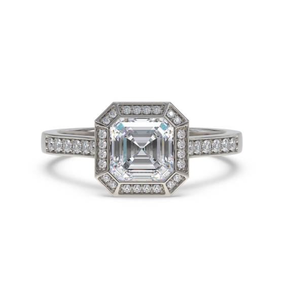 Achteckiger Halo-Asscher-Diamantring mit Lünettenfassung und Schulterfassung