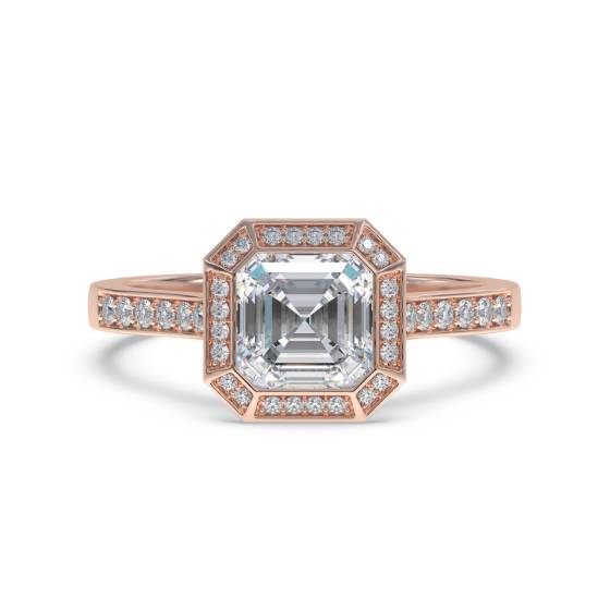 Achteckiger Halo-Asscher-Diamantring mit Lünettenfassung und Schulterfassung
