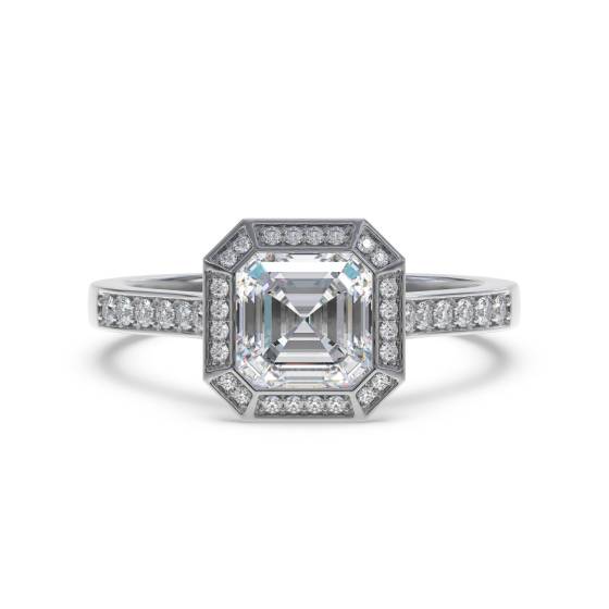 Achteckiger Halo-Asscher-Diamantring mit Lünettenfassung und Schulterfassung