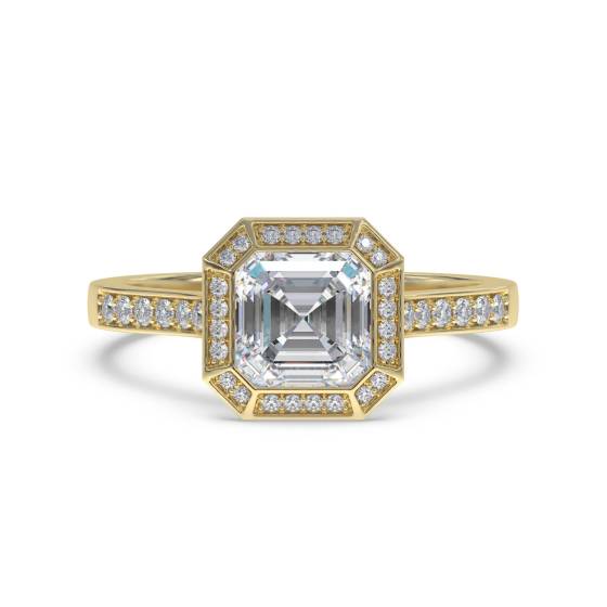 Achteckiger Halo-Asscher-Diamantring mit Lünettenfassung und Schulterfassung