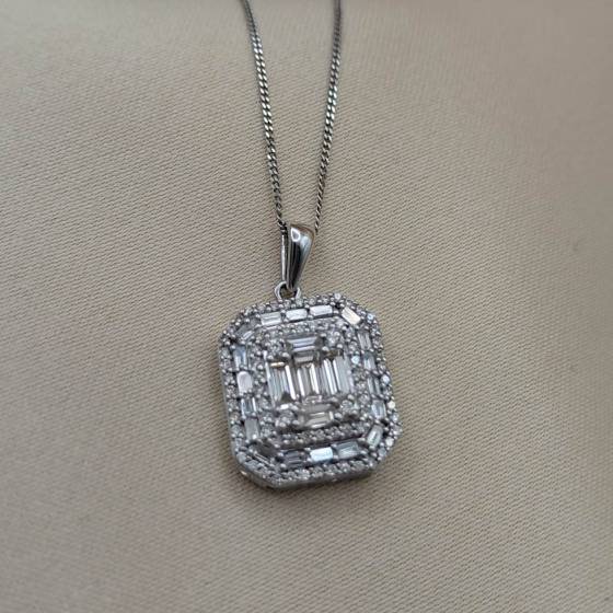 0.90ct VS/E-F Round and Natural Baguette Cut Diamond Cluster Pendant in 9k White Gold