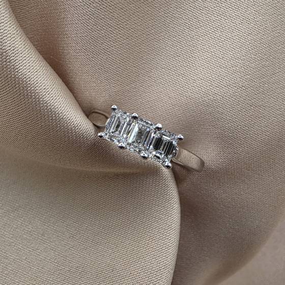 0.78ct VVS/F-G Natural Emerald Diamond Trilogy Ring in 18k White Gold