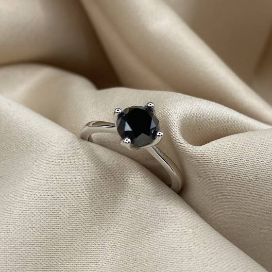 1.65ct /Black Natural Fancy Round Diamond Solitaire Ring in 18k White Gold