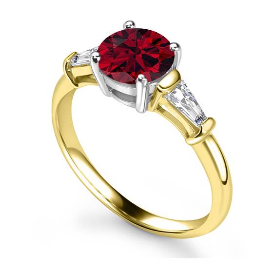 Trilogie-Ring aus rundem Diamant und Rubin