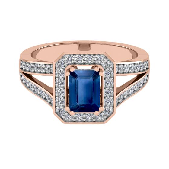 Ring mit blauem Saphir und Diamant-Halo-Schulterset
