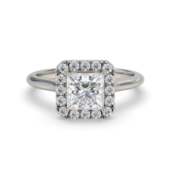 Eleganter Prinzess-Ring mit natürlichem Diamanten (1,40 ct, SI2/E) und Halo-Fassung.