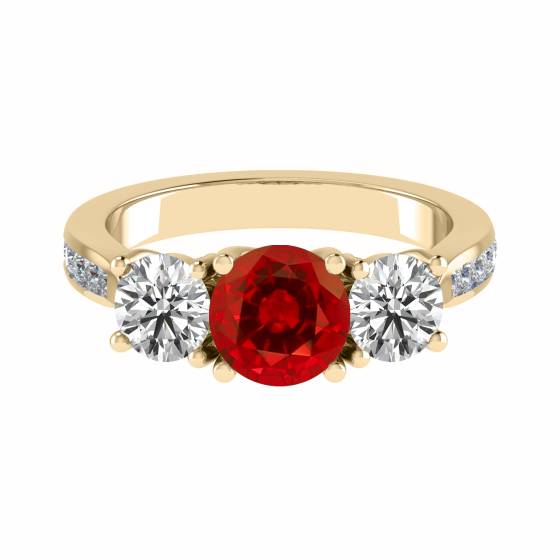Dreisteiniger Rubin-Diamant-Ring mit Schulterdiamanten
