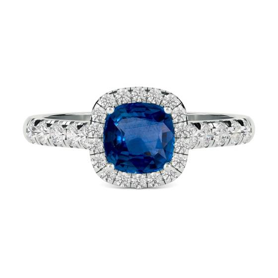Kissenförmiger blauer Saphir und Diamant-Ring mit einzelnem Halo-Schulterteil