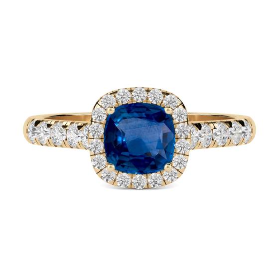 Kissenförmiger blauer Saphir und Diamant-Ring mit einzelnem Halo-Schulterteil